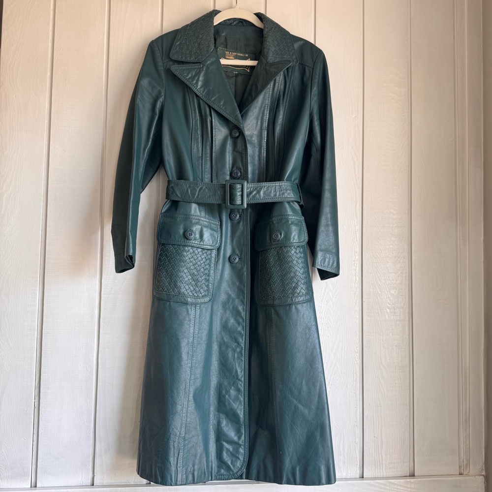 Vintage The Tannery Green Leather Trench Coat